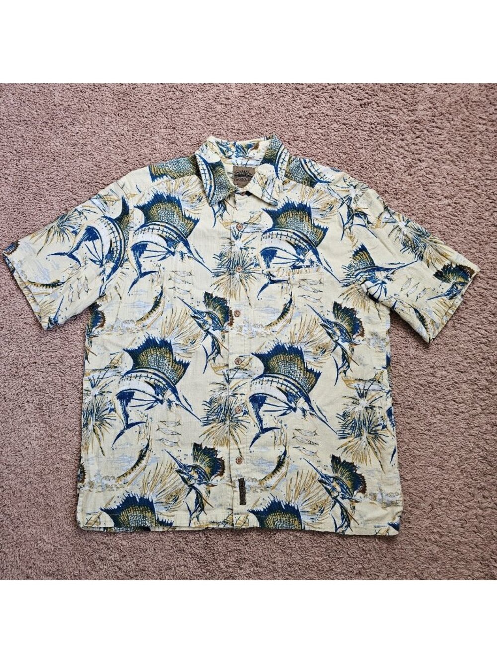 Flyshacker Hawaiian Shirt Mens XL Sailfish Fish Print Button Up Aloha Camp